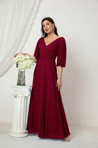 Baoleely  Formal Prom Gown Women V-Neck Chiffon Bridesmaid Dresses Long Bishop Sleeve Party Dress 2807