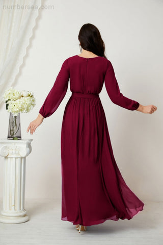 Sunnderly Evening Dresses Deep V-Neck Chiffon Bridesmaid Dresses Long Bishop Sleeve Side Split Formal Dress SY2806