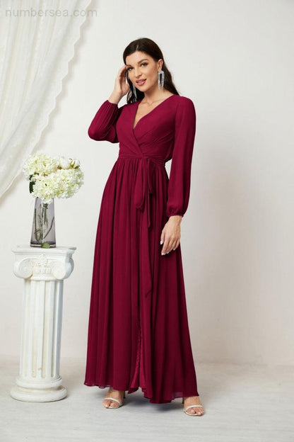 Numbersea Evening Dresses Deep V-Neck Chiffon Bridesmaid Dresses Long Bishop Sleeve Side Split Formal Dress 2806