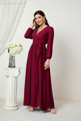 Sunnderly Evening Dresses Deep V-Neck Chiffon Bridesmaid Dresses Long Bishop Sleeve Side Split Formal Dress SY2806