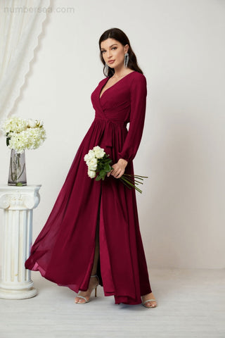 Sunnderly Evening Dresses Deep V-Neck Chiffon Bridesmaid Dresses Long Bishop Sleeve Side Split Formal Dress SY2806