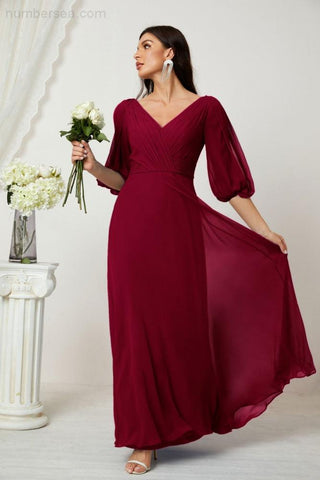Baoleely  Formal Prom Gown Women V-Neck Chiffon Bridesmaid Dresses Long Bishop Sleeve Party Dress 2807