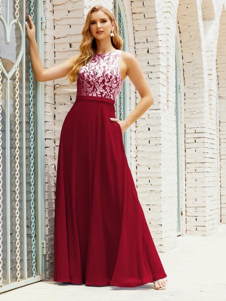 Lace Bridesmaid Dress Floor Length Evening Gowns with Pockets 28017