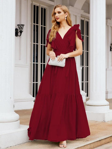 Baoleely Women's Open Back Formal Evening Party Prom Gowns V-Neck Long Chiffon Bridesmaid Dresses with Waist Belt 28038