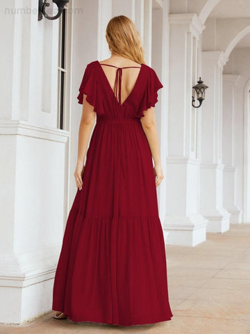 Baoleely Women's Open Back Formal Evening Party Prom Gowns V-Neck Long Chiffon Bridesmaid Dresses with Waist Belt 28038