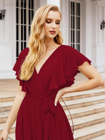 Baoleely Women's Open Back Formal Evening Party Prom Gowns V-Neck Long Chiffon Bridesmaid Dresses with Waist Belt 28038