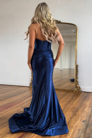 Halter Neck Satin Mermaid Long Corset Prom Dress with Slit