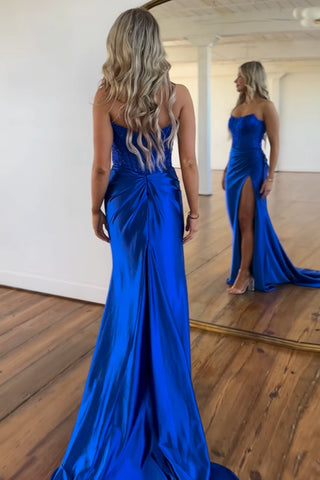 Glitter Royal Strapless Mermaid Satin Long Corset Prom Dress with Beading