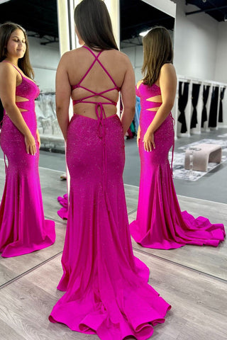 Sparkly Spaghetti Straps Mermaid Long Prom Dress with Beading