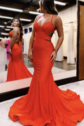 Sparkly Spaghetti Straps Mermaid Long Prom Dress with Beading