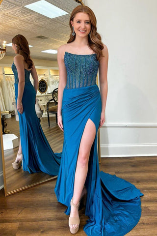 Sparkly Strapless Mermaid Beaded Long Prom Dress with Slit