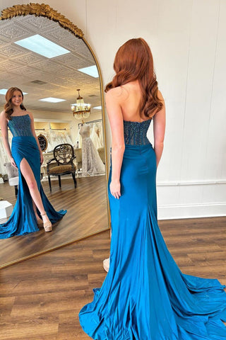 Sparkly Strapless Mermaid Beaded Long Prom Dress with Slit
