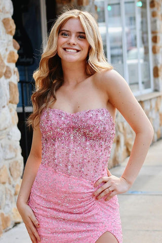 Sparkly Strapless Sequins Mermaid Long Corset Prom Dress with Slit