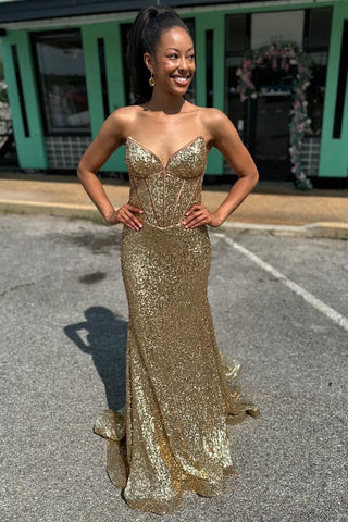 Sparkly Golden Strapless Mermaid Sequins Long Corset Prom Dress