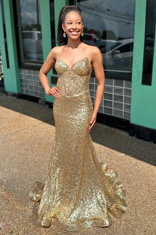 Sparkly Golden Strapless Mermaid Sequins Long Corset Prom Dress