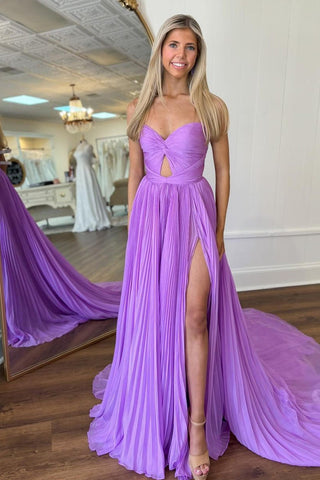 Sweetheart A-Line Chiffon Pleated Long Prom Dress with Slit
