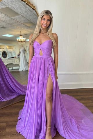 Sweetheart A-Line Chiffon Pleated Long Prom Dress with Slit