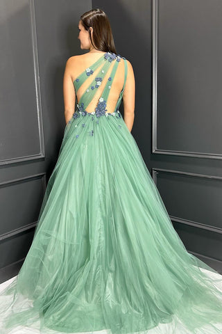 One Shoulder A-Line Tulle Long Prom Dress with 3D Flowers