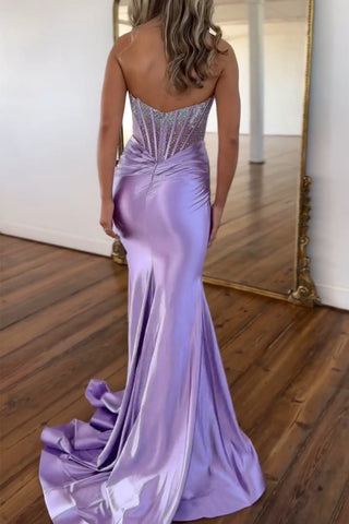 Purple Strapless Mermaid Satin Long Corset Prom Dress with Beading