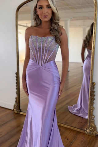 Purple Strapless Mermaid Satin Long Corset Prom Dress with Beading