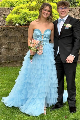 Light Sweetheart A-Line Tulle Tiered Long Prom Dress with Bows