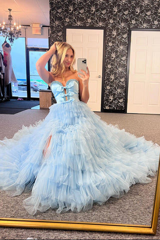 Light Sweetheart A-Line Tulle Tiered Long Prom Dress with Bows