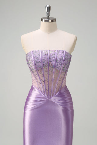 Purple Strapless Mermaid Satin Long Corset Prom Dress with Beading