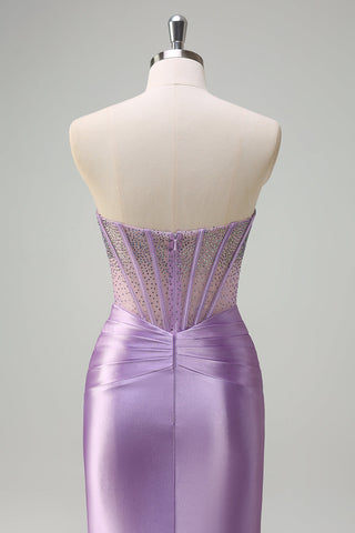 Purple Strapless Mermaid Satin Long Corset Prom Dress with Beading