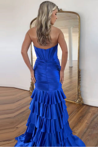 Royal Sweetheart Mermaid Satin Tiered Long Corset Prom Dress with Slit