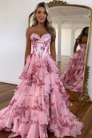 Blush Sweetheart A-Line Chiffon Floral Ruffled Long Corset Prom Dress with Slit