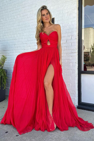Trendy Sweetheart A-Line Chiffon Pleated Long Prom Dress with Slit