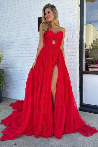 Trendy Sweetheart A-Line Chiffon Pleated Long Prom Dress with Slit