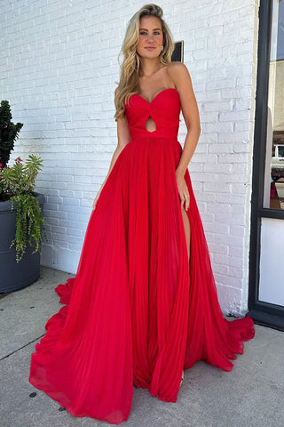 Trendy Sweetheart A-Line Chiffon Pleated Long Prom Dress with Slit