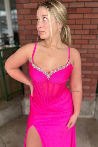 Sparkly Royal Spaghetti Straps Mermaid Long Corset Prom Dress with Beading