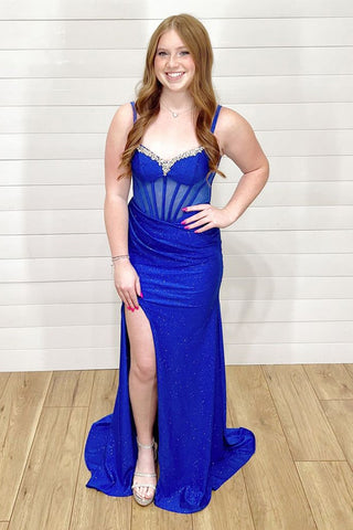 Sparkly Royal Spaghetti Straps Mermaid Long Corset Prom Dress with Beading