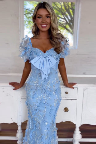 Sparkly  Puff Sleeves Sequins Mermaid Long Corset Prom Dress with 3D Flowers Appliques