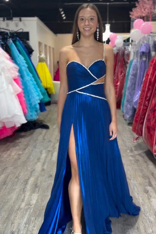 Royal One Shoulder A-Line Metallic Pleated Cut-out Long Prom Dress with Slit