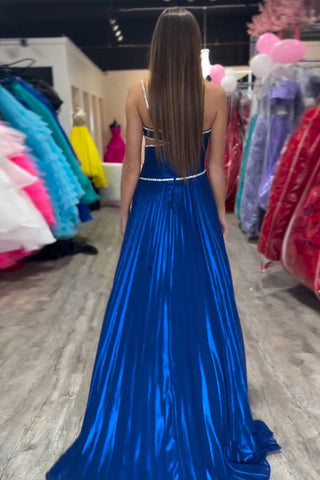 Royal One Shoulder A-Line Metallic Pleated Cut-out Long Prom Dress with Slit