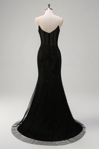 Glitter Royal Blue Spaghetti Straps Beaded Mermaid Long Corset Prom Dress with Slit