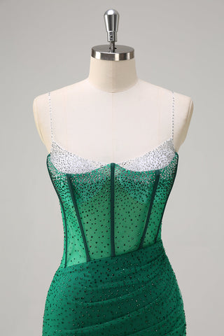 Glitter Royal Blue Spaghetti Straps Beaded Mermaid Long Corset Prom Dress with Slit