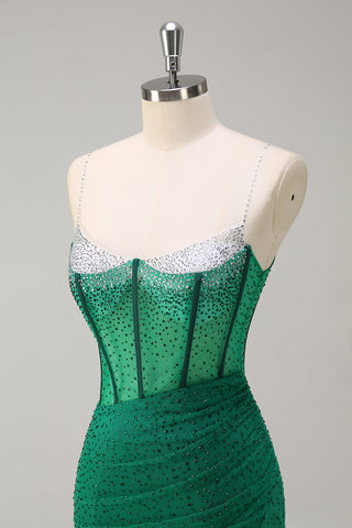 Glitter Royal Blue Spaghetti Straps Beaded Mermaid Long Corset Prom Dress with Slit