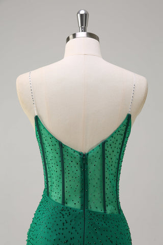 Glitter Royal Blue Spaghetti Straps Beaded Mermaid Long Corset Prom Dress with Slit