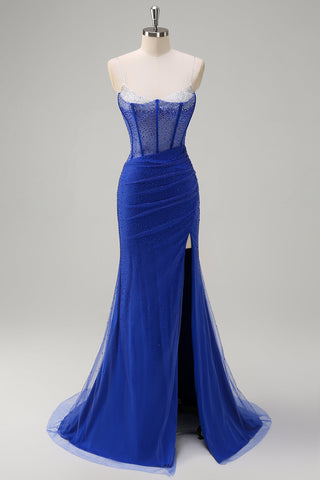 Glitter Royal Blue Spaghetti Straps Beaded Mermaid Long Corset Prom Dress with Slit