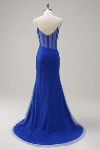 Glitter Royal Blue Spaghetti Straps Beaded Mermaid Long Corset Prom Dress with Slit