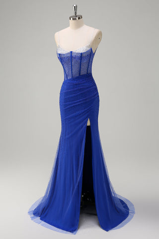 Glitter Royal Blue Spaghetti Straps Beaded Mermaid Long Corset Prom Dress with Slit
