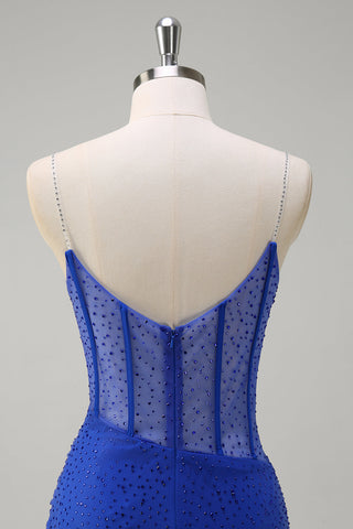 Glitter Royal Blue Spaghetti Straps Beaded Mermaid Long Corset Prom Dress with Slit