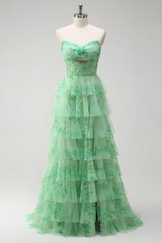 Green Floral A-Line Chiffon Tulle Long Prom Dress with Slit