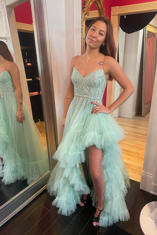 Sage Spaghetti Straps Tulle A-Line Tiered Long Prom Dress with Beading