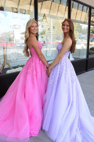 Lilac Strapless A-Line Tulle Long Corset Prom Dress with Appliques