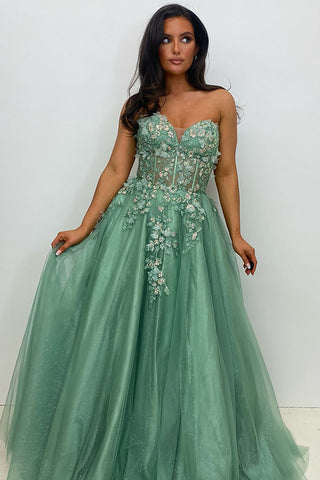Sage Sweetheart Tulle Tiered A-Line Long Corset Prom Dress with Appliques